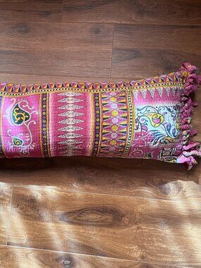 Sari Bari indian Block Print Purple pink yellow lumbar pillow boho cottage
